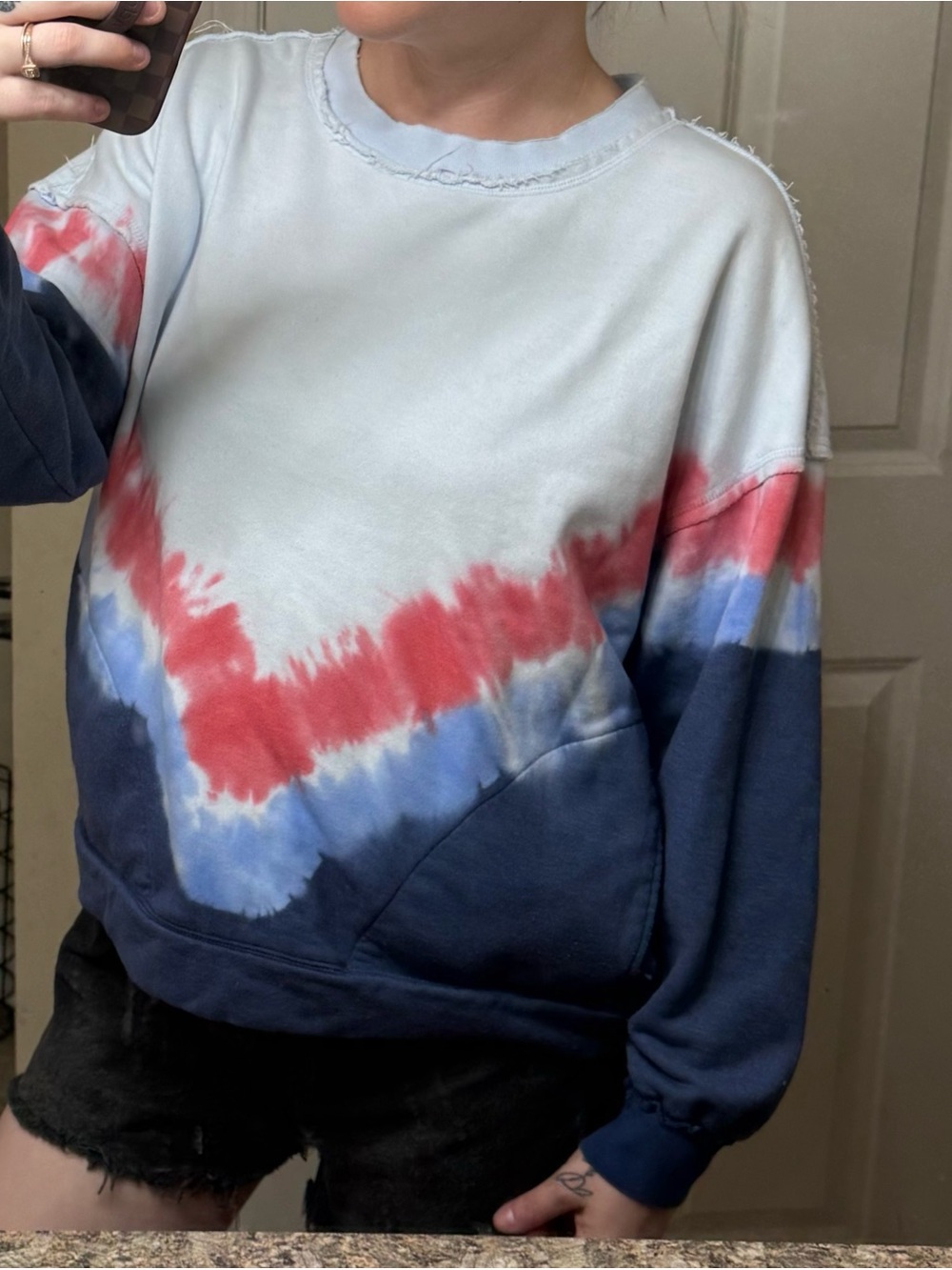 Free People Tie-Dye Crewneck Sweatshirt in Light Blue, Red & Navy
